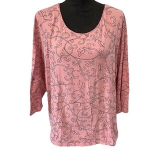 Chico’s Size 4 or XXL Cotton Slub Tee 3/4 Sleeve DUSTY PINK w/ BLACK Floral Top